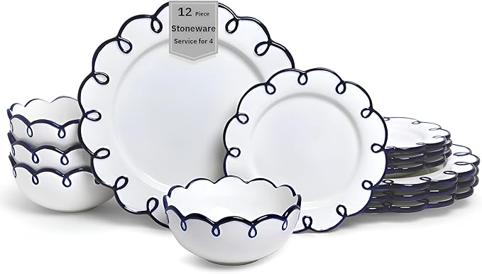 Sango 12-Piece Earthenware Dinnerware Set for 4, Glossy White Plates and Bowls Sets with Navy Scalloped Rims, Premium Dish Set, Holiday Dishes for Gifting & Hosting Christmas Party, Splash of Cheers