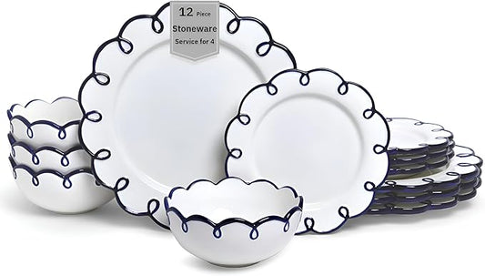 Sango 12-Piece Earthenware Dinnerware Set for 4, Glossy White Plates and Bowls Sets with Navy Scalloped Rims, Premium Dish Set, Holiday Dishes for Gifting & Hosting Christmas Party, Splash of Cheers