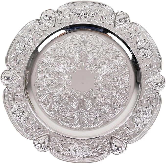 Efavormart 6 Pack Silver Floral Embossed Acrylic Charger Plates With Scalloped Rim, 13" Round Plastic Decorative Serving Plates