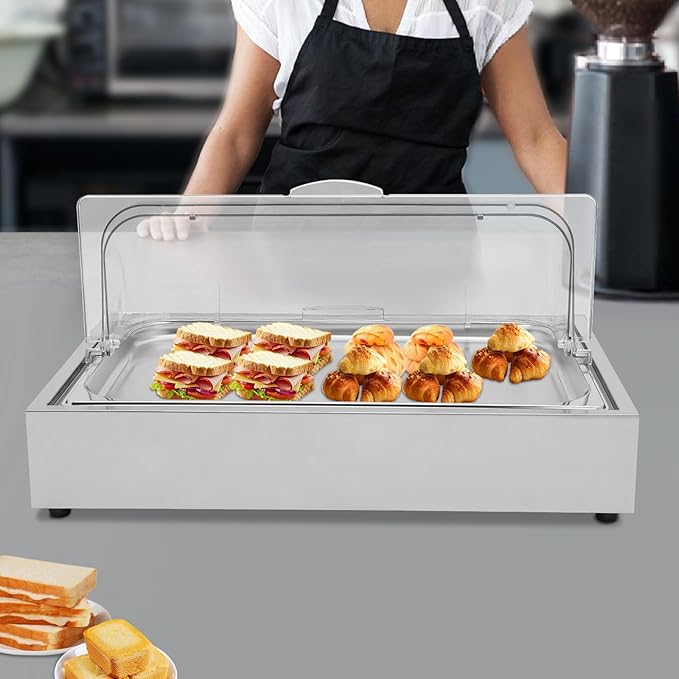 Ice Food Serving Display Tray, 6L/1.59Gal Stainless Steel Buffet Cold Serving Plate w/Clear Roll Top Cover Recyclable Fruit Tray Cooling Food Dishes for Hotel and Party