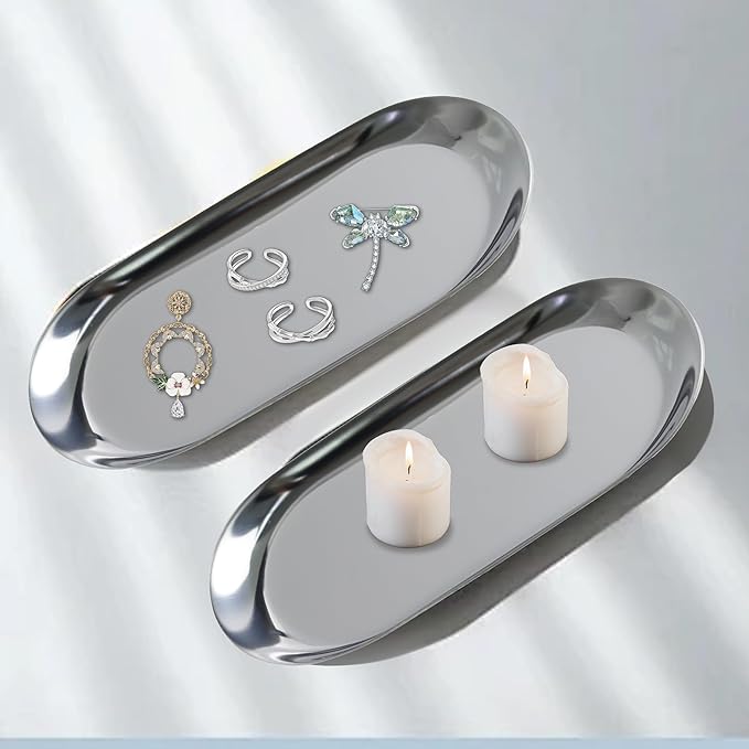2Pcs 9x4inch Stainless Steel Decorative Trays, Oval Jewelry Dish Cosmetics Organizer, Silver Serving Platter for Bathroom Vanity Dresser Storage