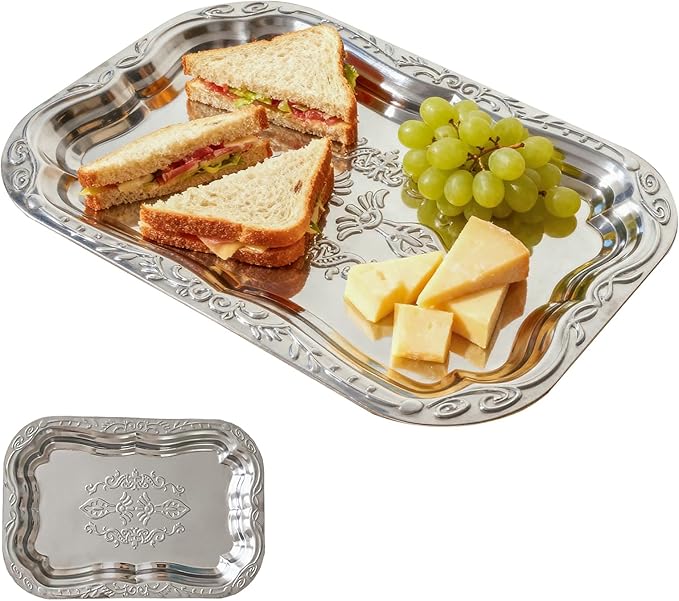 Stainless Steel Mirror Tray - Silver Engraved Decorative Serving Tray with Floral Pattern, Ideal for Party Desserts, Snacks, Drinks, and Holiday Table Display