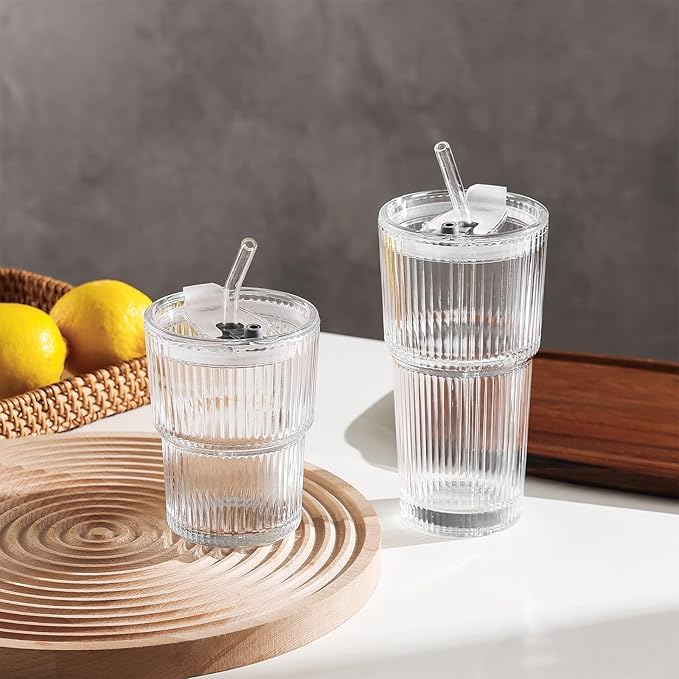 JUNDRUM Ribbed Drinking Glasses with Lids & Straws, Leak-Proof 20oz and 15oz Glass Cups, 8PCS Glass Tumblers, Ideal for Home, Office, Outdoor Use