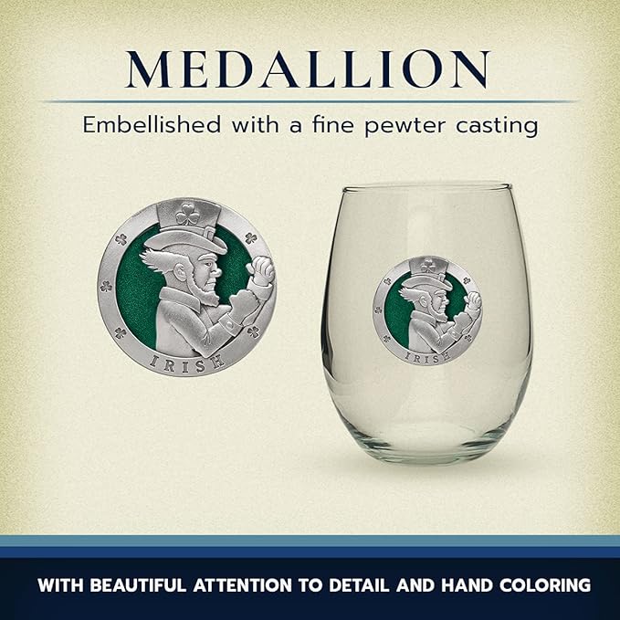 Heritage Pewter Irish Fighter Stemless Glass Goblets – Set of 2 | 15 OZ Goblet Wine Glasses | Expertly Crafted Pewter Glass