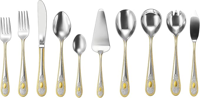 60 Piece Flatware Set - Vintage Handle with Gold Detailing - Service for 12 Includes 5 Piece Hostess Set - 18/10 Stainless Steel Silverware - Dishwasher Safe - Home Essentials (65 Piece, Lucca)