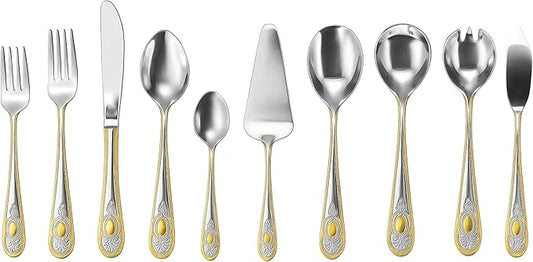 60 Piece Flatware Set - Vintage Handle with Gold Detailing - Service for 12 Includes 5 Piece Hostess Set - 18/10 Stainless Steel Silverware - Dishwasher Safe - Home Essentials (65 Piece, Lucca)