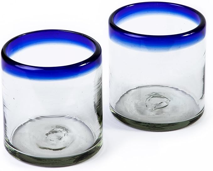 Handmade con Amor - 7 oz Hand Blown Mexican Drinking Glasses - Set of 2, 7 fl oz each, Cobalt-Blue Rim