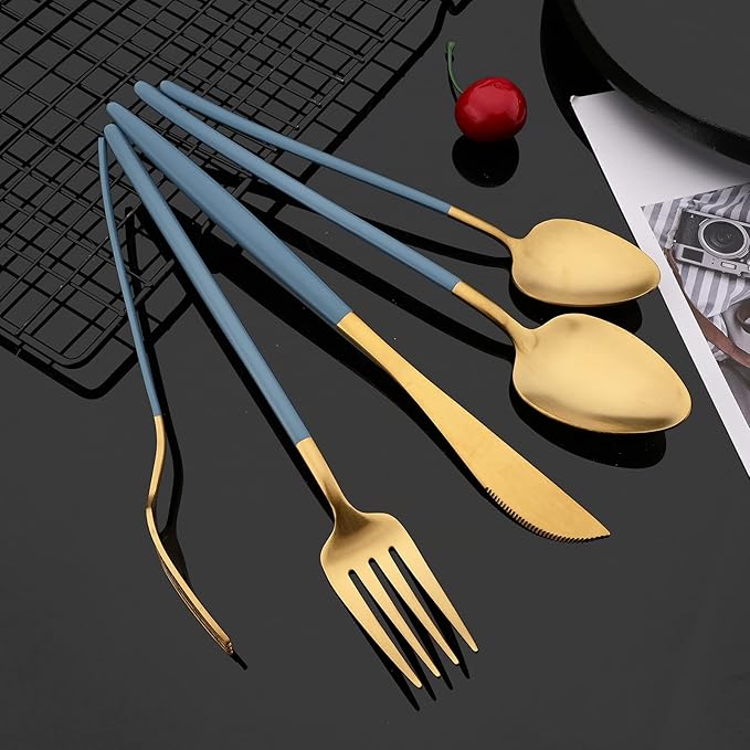 JASHII Matte Blue and Gold Silverware Set, 304 Stainless Steel Flatware Set Service for 4, Tableware Cutlery Set for Home Restaurant Party, Dinner Forks/Spoons/Knives, Slim Handle, Dishwasher Safe