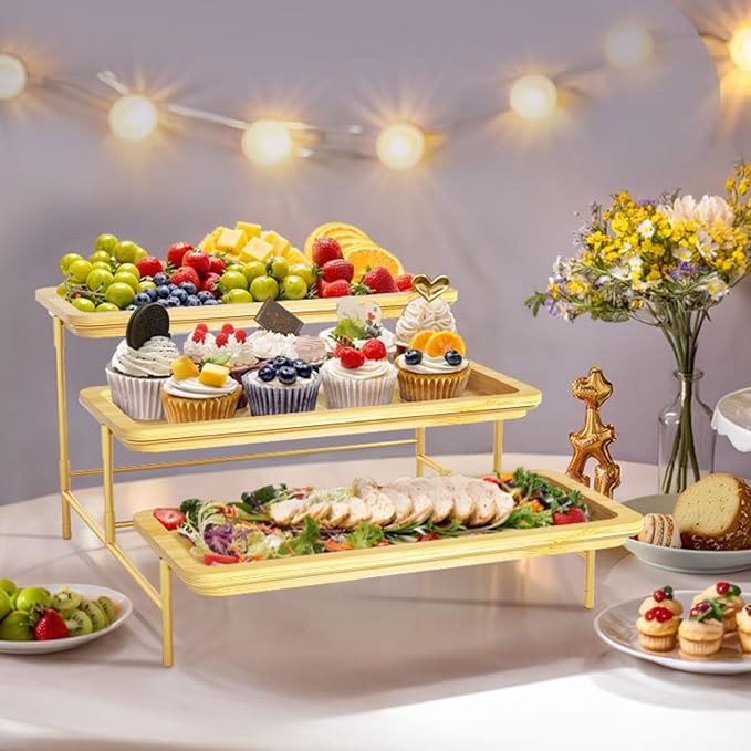 Lifewit 3 Tier Bamboo Serving Tray for Party Supplies, 14" x 6.5" Platters for Serving Food, Reusable Trays with Gold Metal Display Stand for Veggie, Fruit, Cookies, Dessert