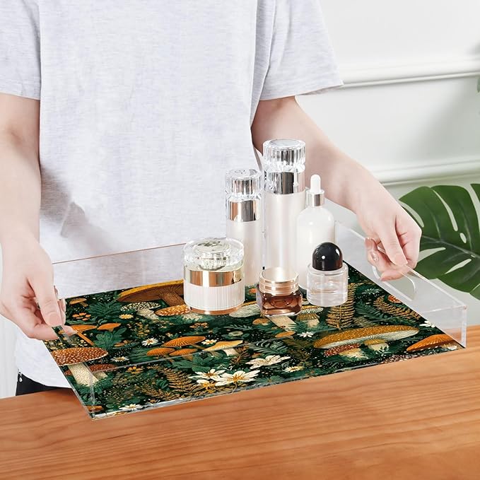Serving Tray with Handles Clear Acrylic Tray 12x16 Inch Decorative Rectangular Tray Organizer for Ottoman Coffee Table Bathroom Retro Mushroom Leaves Green