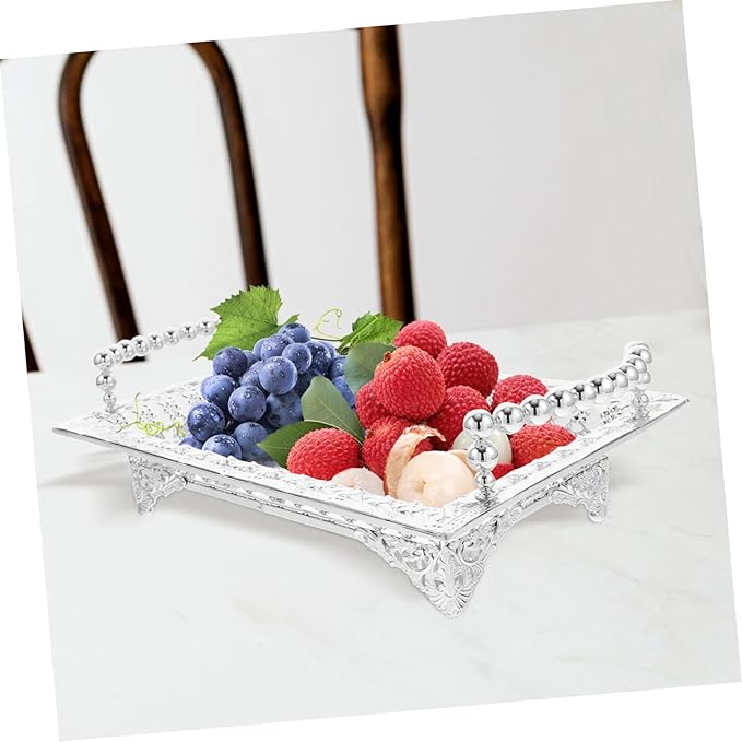 Unomor Nordic Style Metal Fruit Serving Tray with Handle 270# Silver Decorative Snack Plate for Parties and Entertaining Appetizer Storage Holder