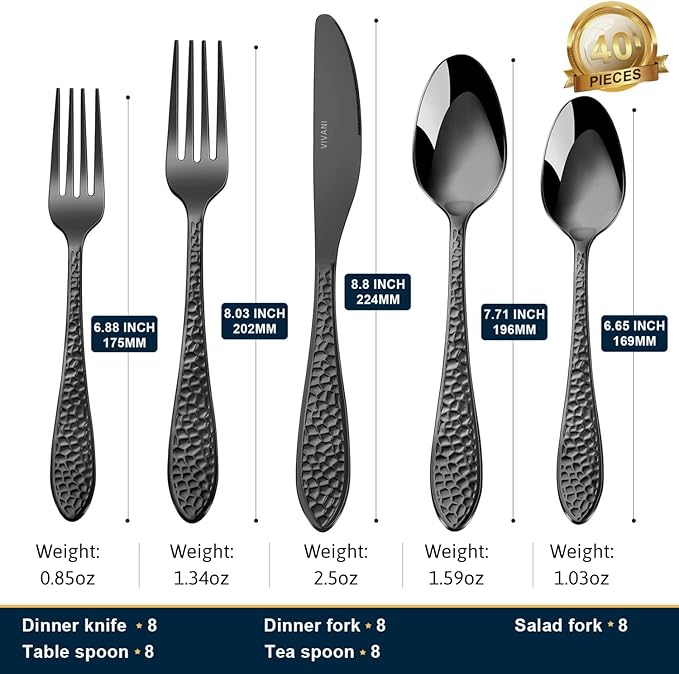 VIVANI 40-Piece Black Silverware Set for 8, Stainless Steel Black Flatware Set, Hammered Utensils Cutlery Set for Home, Wedding, Housewarming Party Event, Dishwasher Safe