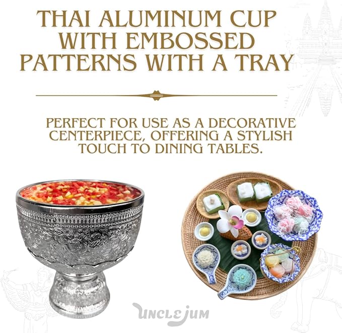 Thai Buddhism Bowl & Tray with Embossed Patterns, Silver Aluminum, Vintage Collection (16 CM)