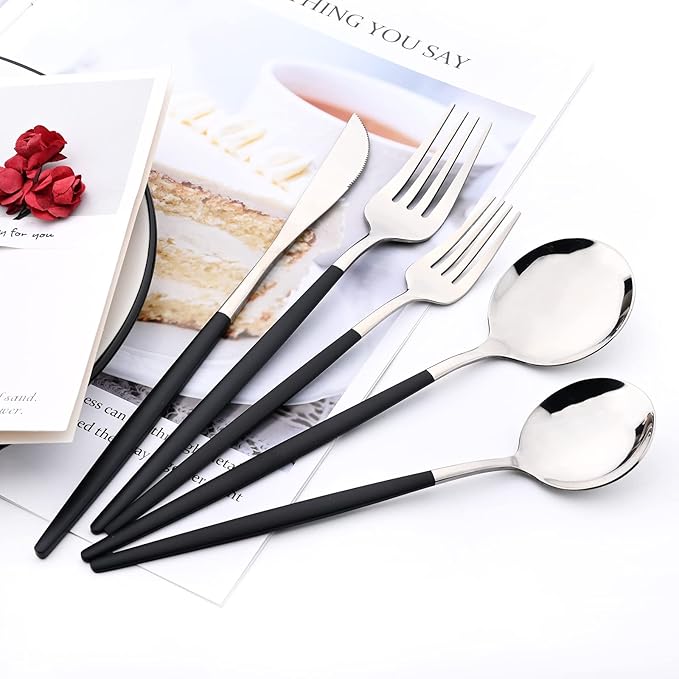 30-Piece Snplowum Mirror Flatware Serving Set, 18/0 Stainless Steel Dinnerware With Black Handle, Modern Durable Home Kitchen Eating Tableware Set Service For 6 (Black Silver)