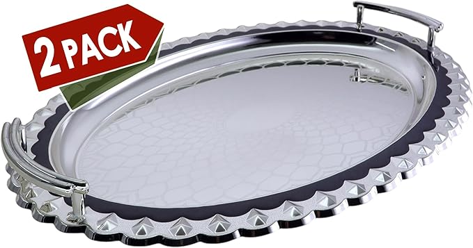 (Pack of 2) 17.8 inch x 13 inch Oval Chrome Plated Silver Serving Tray Stylish Design Floral Engraved Blue Edge Party Decorative Birthday Gift Dessert Platter Plate NC-105