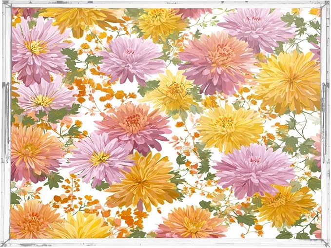 Serving Tray with Handles Clear Acrylic Tray 12x16 Inch Decorative Rectangular Tray Organizer for Ottoman Coffee Table Bathroom Pretty Chrysanthemum Flower