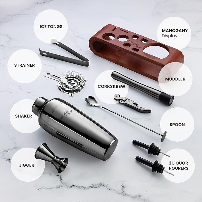 Mixology & Craft Bartender Kit: 10-Piece Cocktail Shaker Set with Dark Bamboo Stand | Complete Cocktail Kit Gift Set | Top Bartender Gifts for Men & Women | Leak-Proof Design (Gun Metal)
