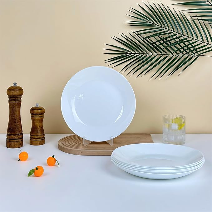 Amazon 6-Piece 8.5" White Dinner Plates Lightweight Round Plates, Simply Dessert Plate, Triple Layer Glass and Chip Resistant, for Microwave and Dishwasher Safe Scratch Resistant, Winter Frost White