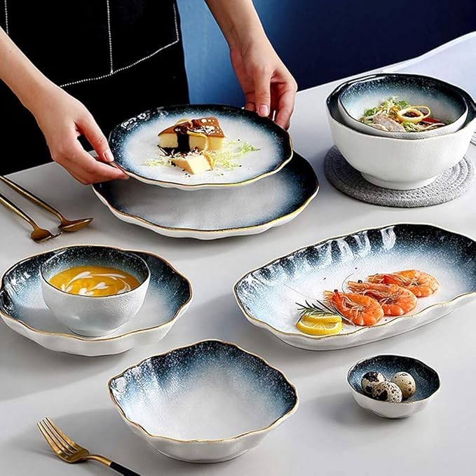 Palace Style Porcelain Dinner Set Plates Bowl Ceramic Dinnerware Set 32 Piece Blue Gradient Snowflake Glaze Porcelain Dish Cereals Bowl Tableware Set