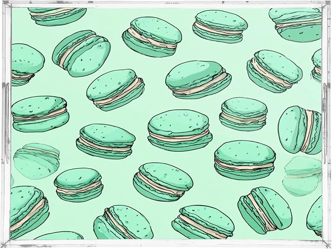 Serving Tray with Handles Clear Acrylic Tray 12x16 Inch Decorative Rectangular Tray Organizer for Ottoman Coffee Table Bathroom Mint Green Cute Macarons