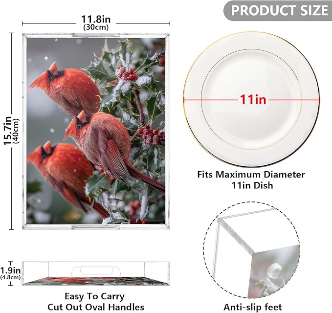Serving Tray with Handles Clear Acrylic Tray 12x16 Inch Decorative Rectangular Tray Organizer for Ottoman Coffee Table Bathroom Winter Birds Holly
