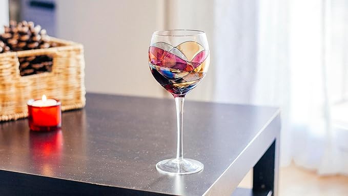Victoria Barcelona Wine Glasses Hand-Painted Stemmed 14 oz Luxury Gift Women & Men Unique Art Gaudi Inspired by Sagrada Familia Red Murano Stained Glass Christmas Wedding Birthday Anniversary (Set 2)