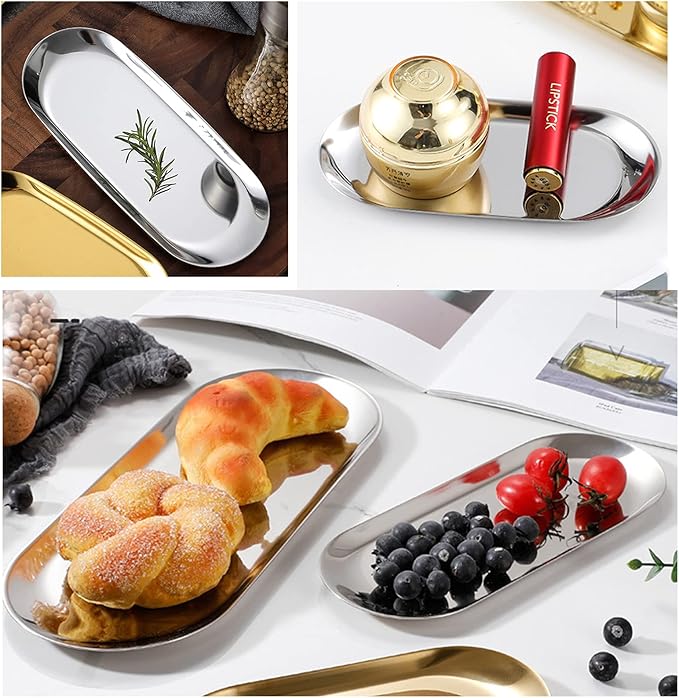 4 Pcs 7 Inch x 3.3 Inch Trinket Tray, Silver Stainless Steel, for Serving Trays Towel Storage Dish Plate Tea Fruit Trays Jewelry Plate Decorative Storage Tray