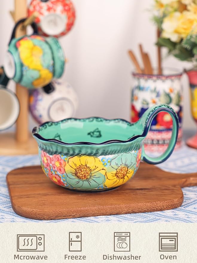 silesia Handmade Ceramic Soup Bowl, 30 oz Hand Painted Bowl with Loop Handle, Floral Design Cereal Bowl for Soup, Ice cream, Snack, Microwave & Dishwasher Safe (Flowers Green)