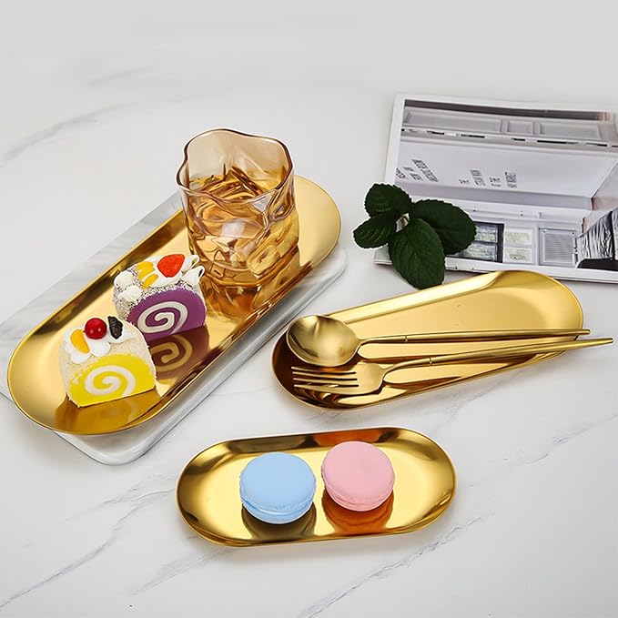 [2pk] Gold Decorative Tray, Perfume Bathroom Jewelry Vanity Mirror Candle Trinket Towel Pallet, Small Metal Stainless Steel Tray, Oval,XXL 12 x 4.7 x 0.5 in