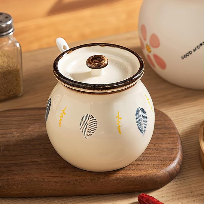 Ceramic Salt and Sugar Bowl, Porcelain Condiment Jars with Lid and Spoon, Seasoning Spice Pot Bowl, Salt Sugar Pepper Storage Jar, 400ml, Leaves