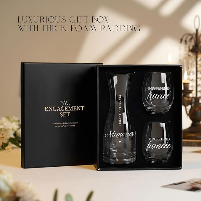 AW BRIDAL Engagement Gifts for Couples 2025 Wine Glasses Set, Fiance Gifts for Women and Newly Wed, Wedding Gift for Bride and Groom, Wine Decanter Set for Engagement Party and Proposal Decorations