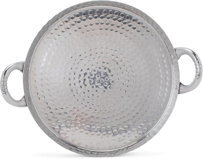 India Handicrafts Hammered Round Scalloped Silver Tone 17 inch Metal Tray Platter