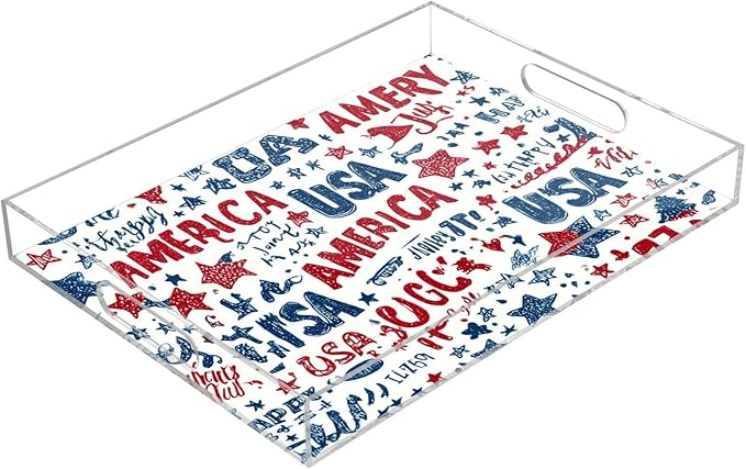 Serving Tray with Handles Clear Acrylic Tray 12x16 Inch Decorative Rectangular Tray Organizer for Ottoman Coffee Table Bathroom Vibrant Patriotic Stars Independence Day
