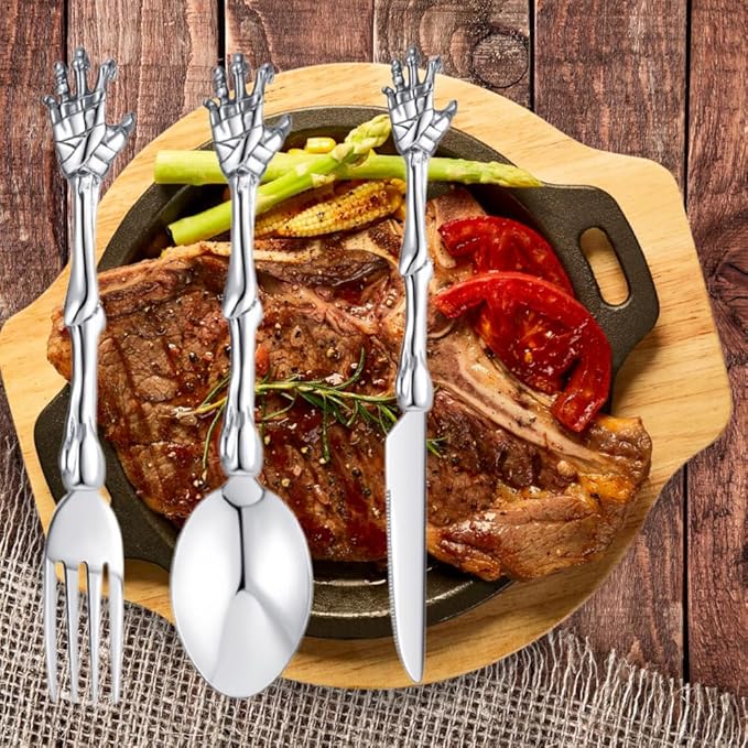Stainless Steel Flatware Tableware Modern Look Great Gifts For Halloween Easter and Christmas (Silver, SKELETON HAND)