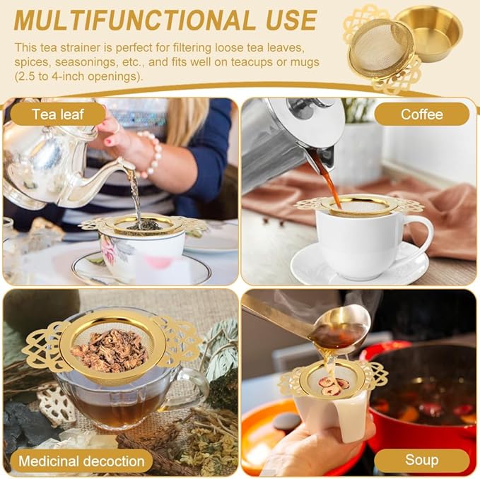 4 Pack Tea Strainer Bowl,Stainless Steel Tea Strainer Bowl, Fine Mesh Fil-ter with Drip Bowl & Winged Handles for Loose Tea/Coffee, Fits 2.5-4 Inch Cup Mouth(COLOR:Glod)