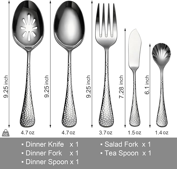 Premium 45 Piece Hammered Silverware Set with Smooth Edge, 18/10 Stainless Steel, Service for 8, Fine Flatware Set, Dishwaser Safe(45)
