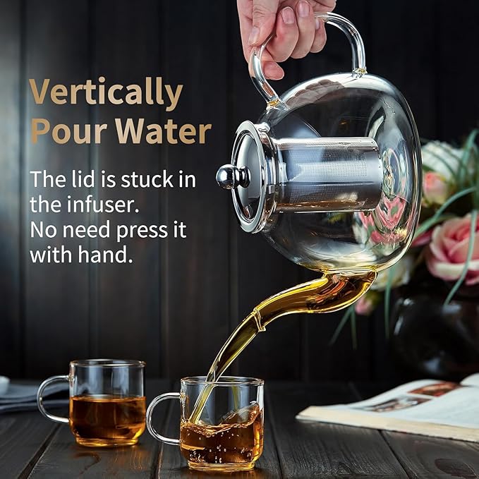 39OZ (1150ML) Glass Teapot with Infuser Stovetop Safe, Clear Glass Tea Pot Kettle, Borosilicate Tea Pot with Infusers Filter for Loose Tea, Tea Kettle Dishwasher Safe