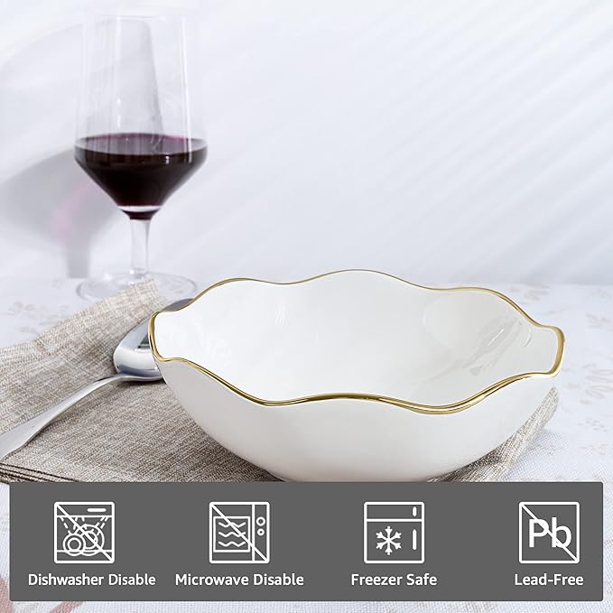 Fanquare 16oz Vintage White Pasta Bowls Set of 4, Porcelain Salad Bowl, 7" Kitchen Serving Bowl With Gold Trim for Cereal