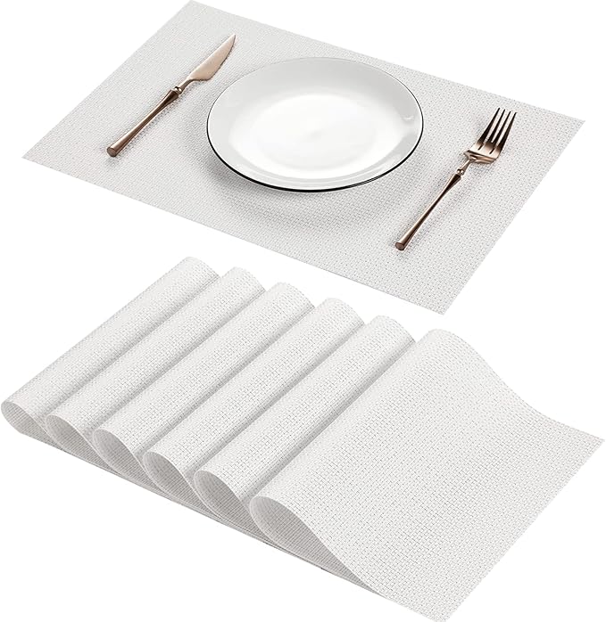 AHHFSMEI Placemats for Dining Table Set of 6 Woven Vinyl Plastic Place Mats Non-Slip Heat Insulation Stain Resistant Table Mats Washable Easy Clean Placemats (White)