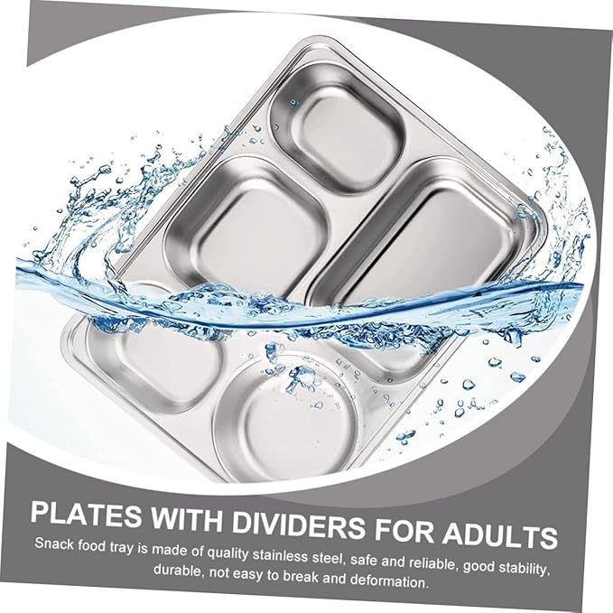 Zerodeko 3pcs Stainless Steel Divided Dinner Plate for Adults Cafeteria Tray Serving Platter Lunch Tray