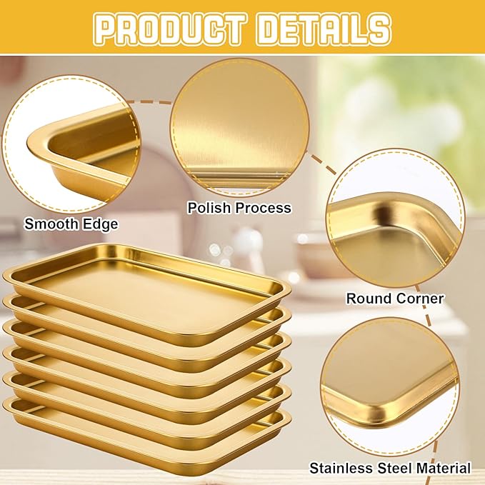 6 Pcs 8.6 x 6.4 Inch Baking Sheets Stainless Steel Baking Pan Tray Cookie Sheet Rectangle Mirror Finish and Rust Free Easy Clean and Dishwasher Safe Bakeware Oven Tray for Roasting(Gold)