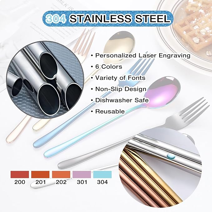 Custom Fork and Spoon Kit Flatware Set, Personalized Stainless Steel Engraved Name Text Dates, Customized Lover Gifts for Couples Boyfriend Girlfriend Birthday Christmas Gift - 6 Colors