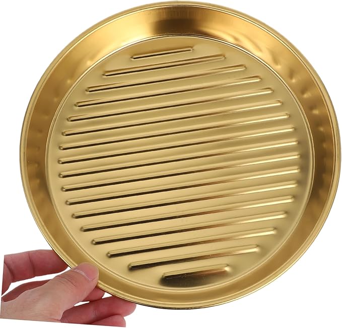 Mobestech Golden Stainless Steel Steak Plate Round Serving Tray for Seafood and Snacks Elegant Design for Family Meals and Outdoor Bbqs and Portable Dinner Plates