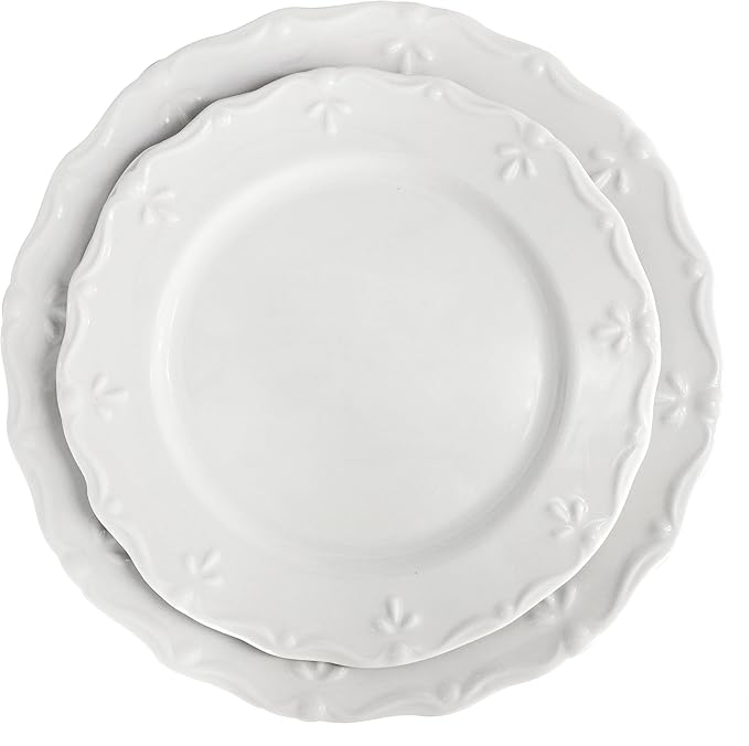 Elama Henryi 16 Piece Embossed Rim Detail Porcelain White Dinnerware Set, Tableware Set, Serveware (16 Piece)
