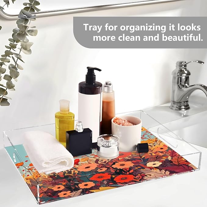 Serving Tray with Handles Clear Acrylic Tray 12x16 Inch Decorative Rectangular Tray Organizer for Ottoman Coffee Table Bathroom Autumn Poppy Flowers
