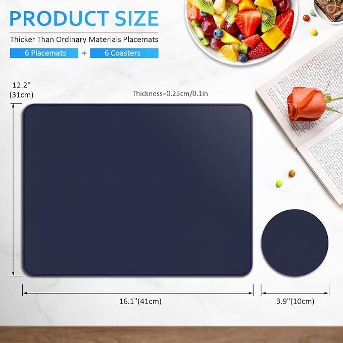 Vinyl Placemats Set of 6, Faux Leather Heat Resistant Kitchen Place Mats, Waterproof Wipeable Dining Table Mats and Coasters for Indoor, Outdoor (Navy Blue)