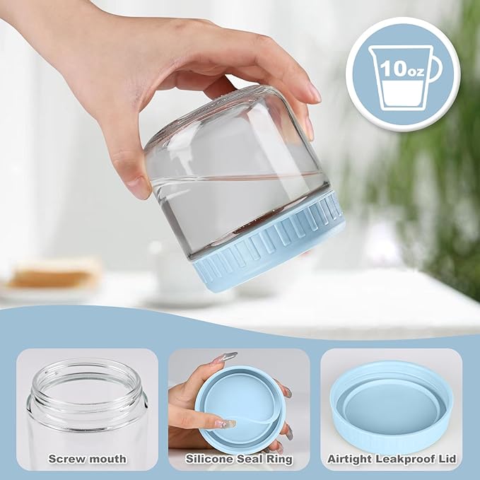 Overnight Oats Containers with Lids, 10oz Glass Jars with Lids 2 pcs, Light Blue, Wide Mouth Mason jars for Salad, Yogurt, Snacks, Meal Prep