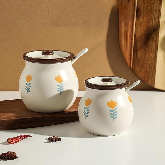Ceramic Salt and Sugar Bowl, Porcelain Condiment Jars with Lid and Spoon, Seasoning Spice Pot Bowl, Salt Sugar Pepper Storage Jar, 400ml, Yellow Flower