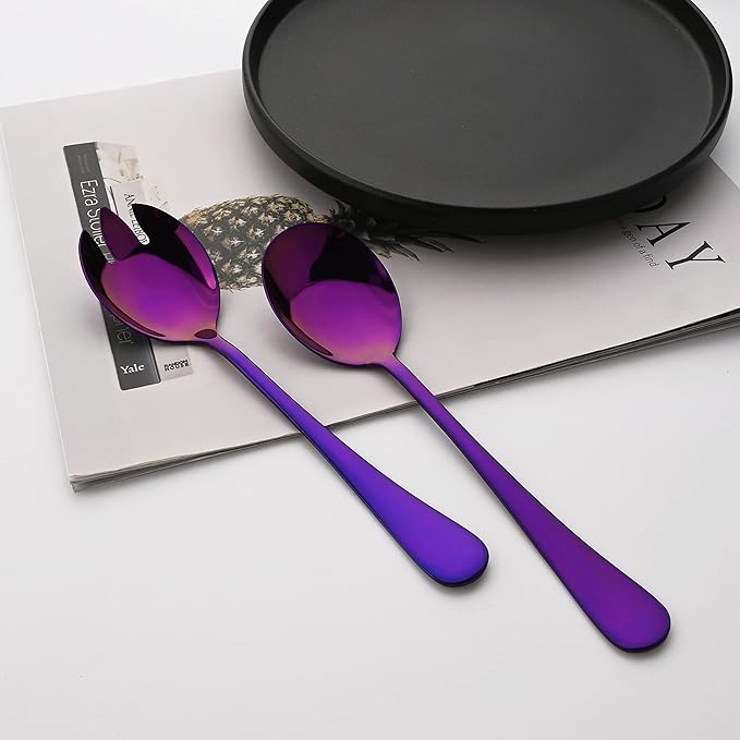7 Pcs Purple Serving Utensils, Stainless Steel Flatware Serving Set, Include Cake Server/Slotted Spoon/Serving Spoon and Fork/Soup Ladle, Serveware Set for Buffet and Party