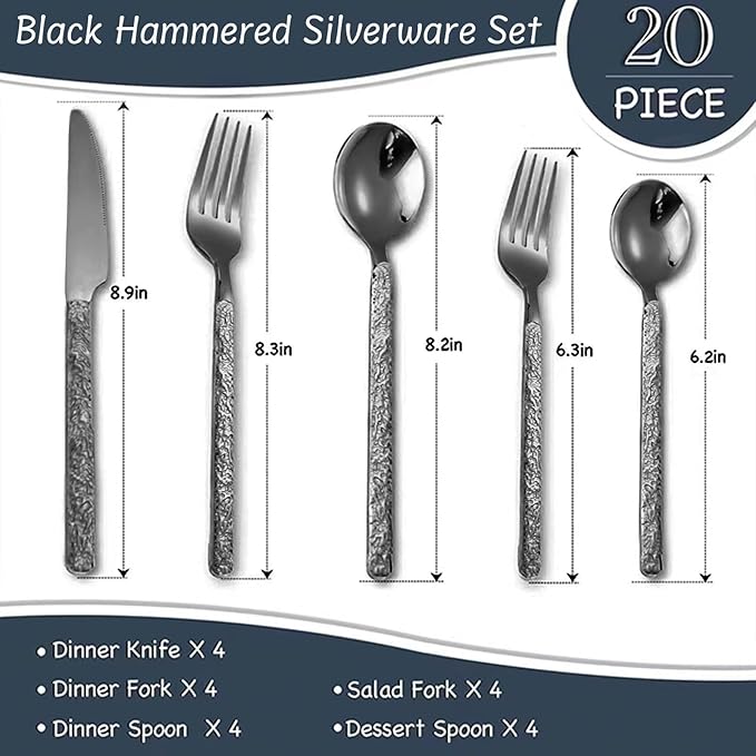 20-Piece Black Silverware Set, Hammered 18/10 Stainless Steel Flatware Set for 4, Food-Grade Cutlery Set, Tableware Set Including Fork Knife Spoon Set,Dishwasher Safe